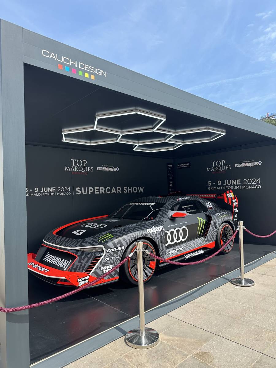 L'Audi de Ken Block au Top Marques Monaco 2024: Exposition sous le Carport CarZone 4.0 de Cauchy Design